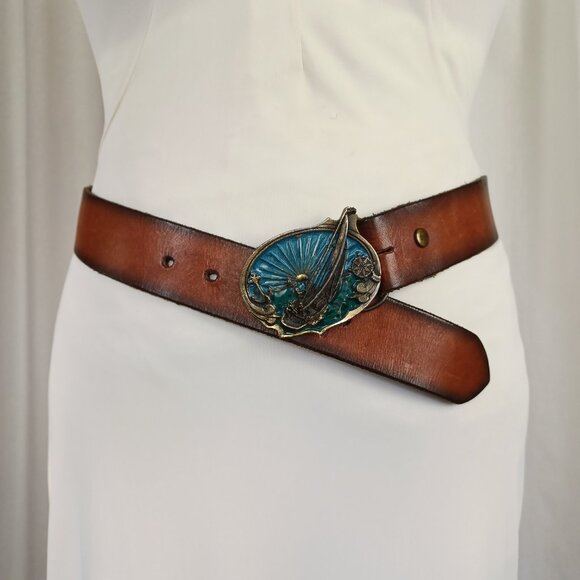 80s Vintage Sailboat Buckle + Genuine Leather Belt, 33 - 37" - Picture 3 of 8